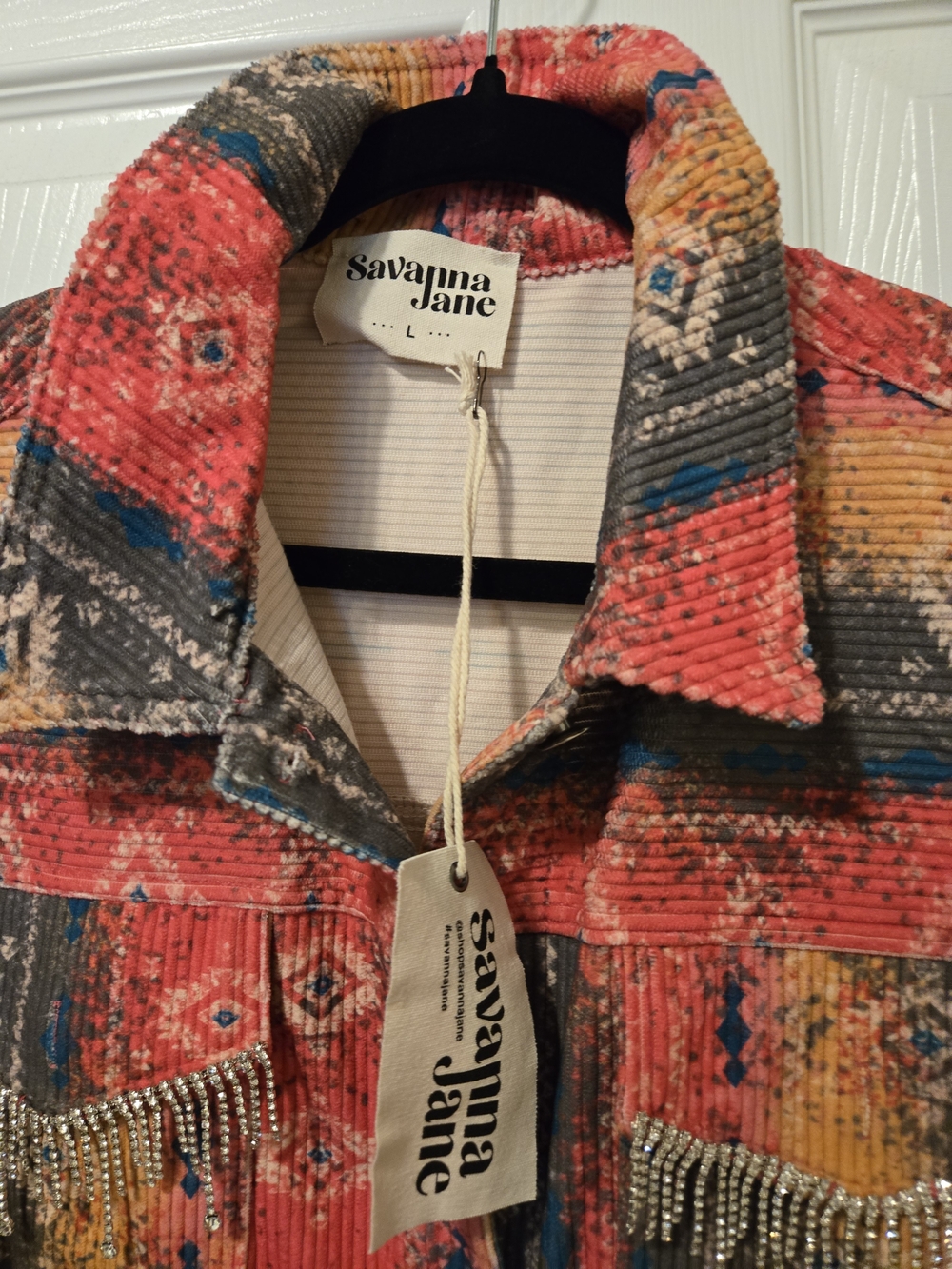 Savanna Jane Women's Red Patterned Fringe Corduroy Jacket - Picture 7 of 12